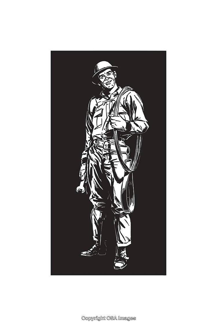 Black and White Illustration of a Worker Holding Equipment in Hand