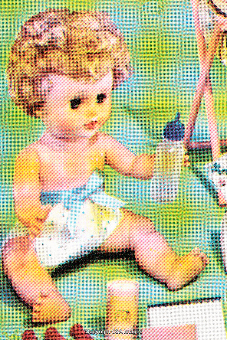 Vintage Toy Doll Sitting with Accessories in Retro Styled Setting