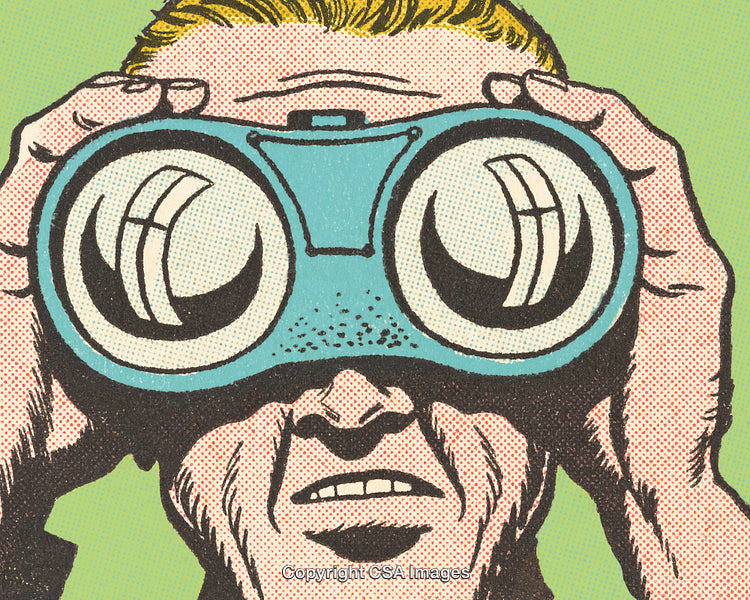 Pop Art Illustration of a Person Observing Through Binoculars on Coloful Background