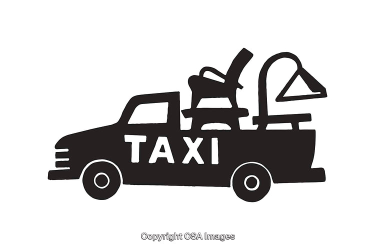 Black and White Icon Illustration of a Taxi Carrying Furniture