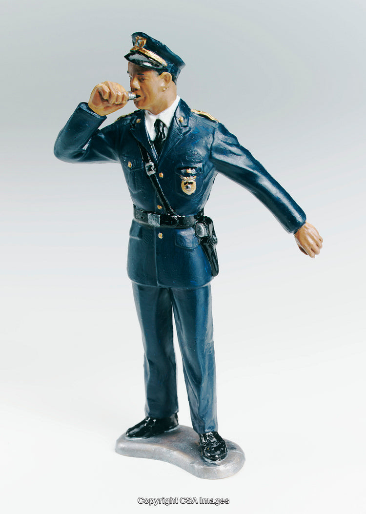 Miniature Police Officer Figurine Holding A Whistle In A Dynamic Pose