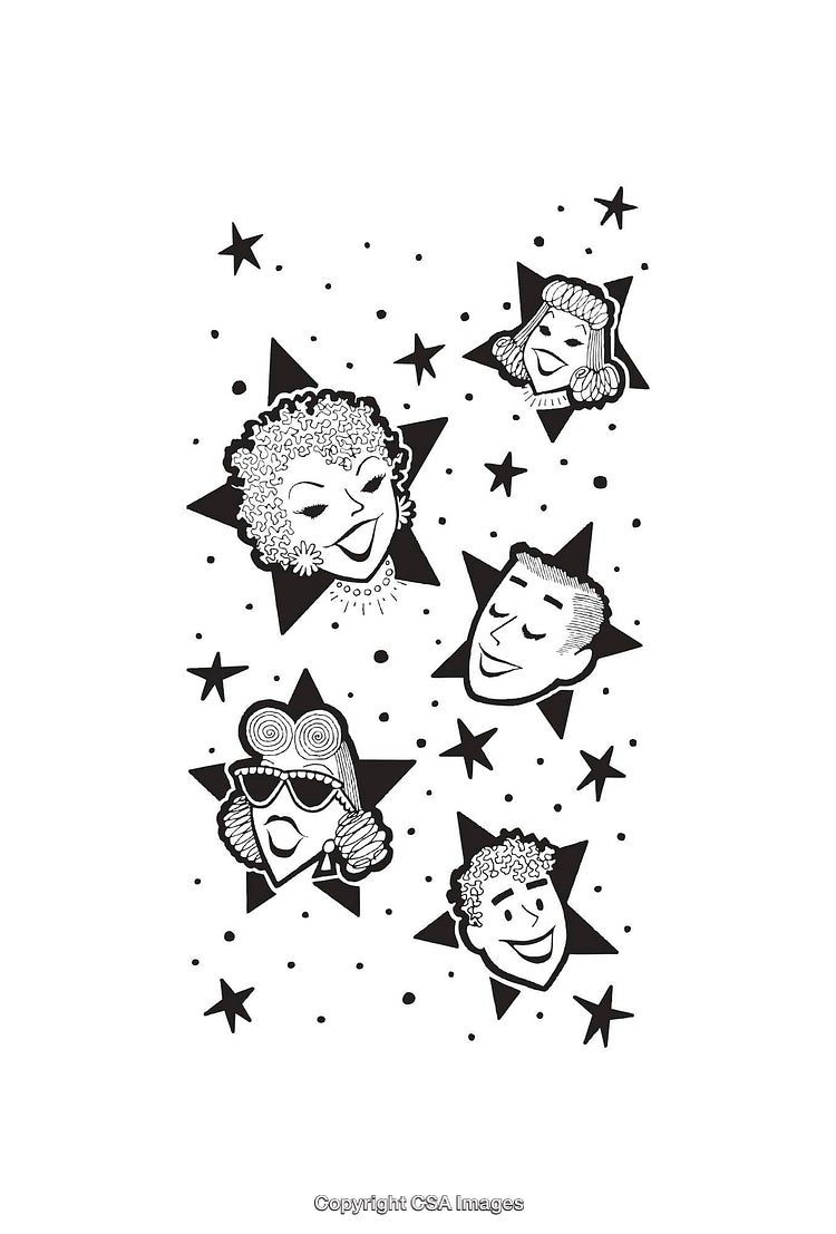 Black And White Whimsical Line Art Illustrations of Happy Faces and Stars