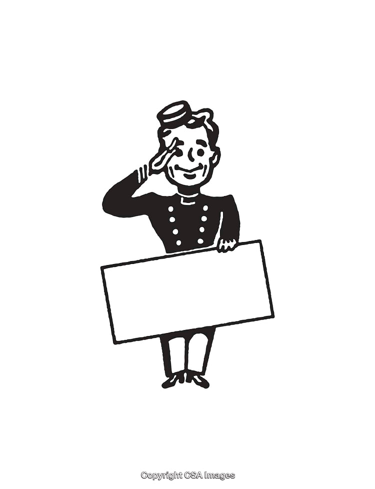 Black and White Line Art Illustration of a Smiling Bellboy Saluting