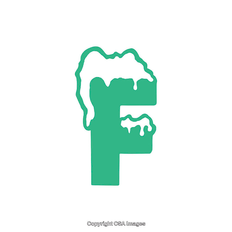 Green Letter F with Snowy Dripping Design on White Background