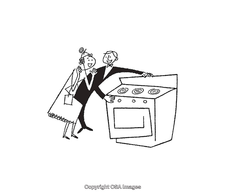 Vintage Line Art of Couple Interacting with a New Oven