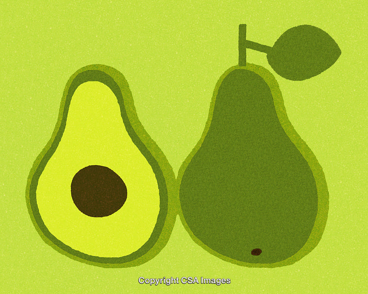 Stylized Illustration of Whole and Sliced Avocado with Vibrant Green Background
