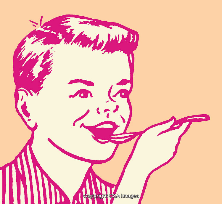 Vintage Illustration of a Child Eating From a Bowl in Bold Colors