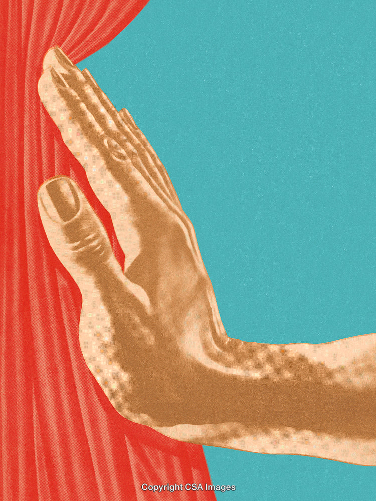 Hand Gesturing Against Red Curtain with Blue Background in Artistic Style