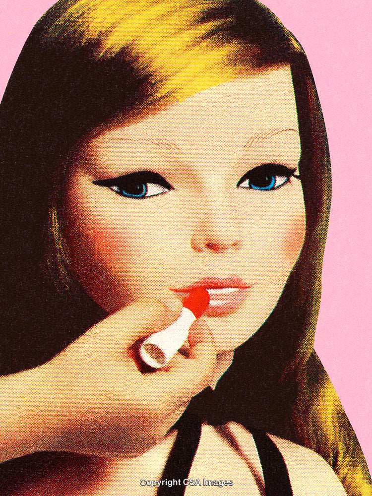 Vintage Style Artwork Featuring Lipstick Application on a Glamorous Model