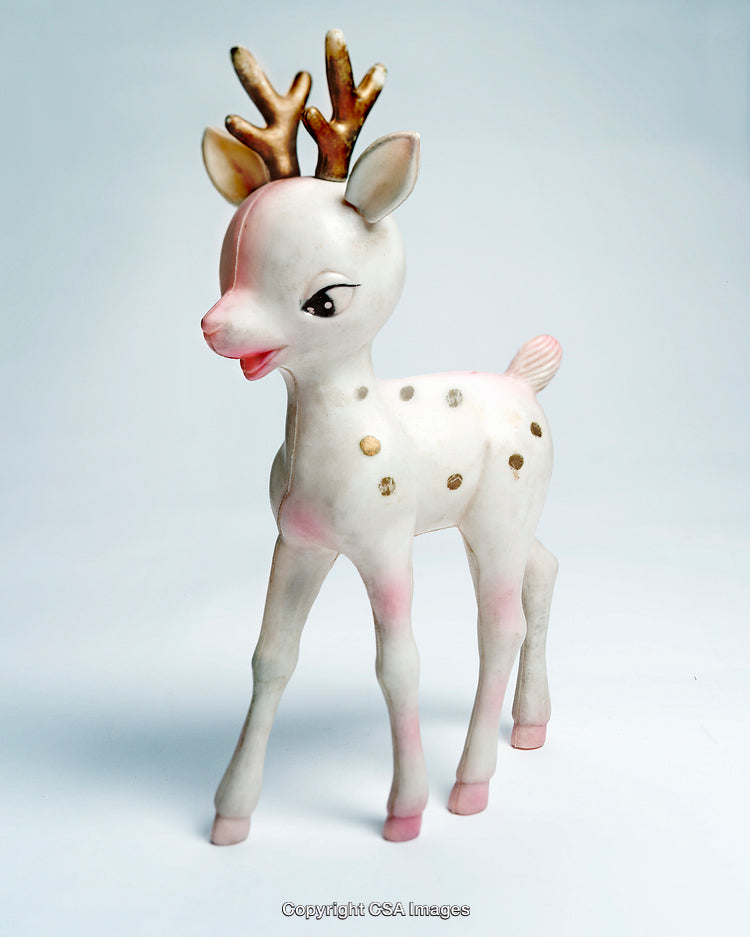 Adorable Plastic Reindeer Figurine with Golden Antlers and Spotted Design