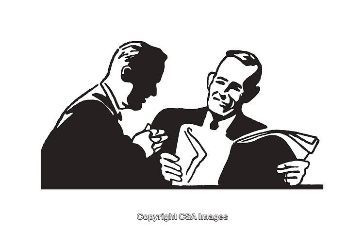 Two Businessmen Smiling During a Discussion in Black and White Line Art