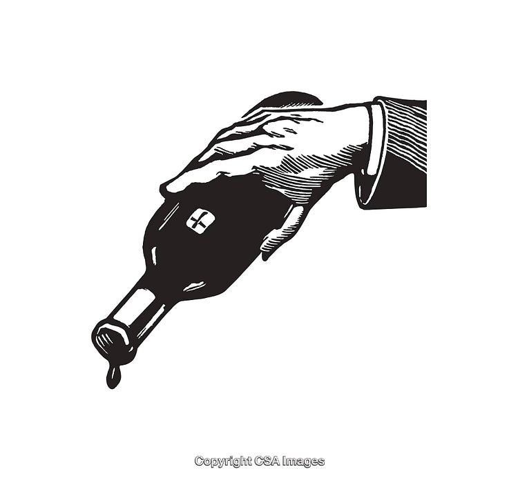 Vintage Black and White Illustration of a Hand Pouring Liquid from a Bottle