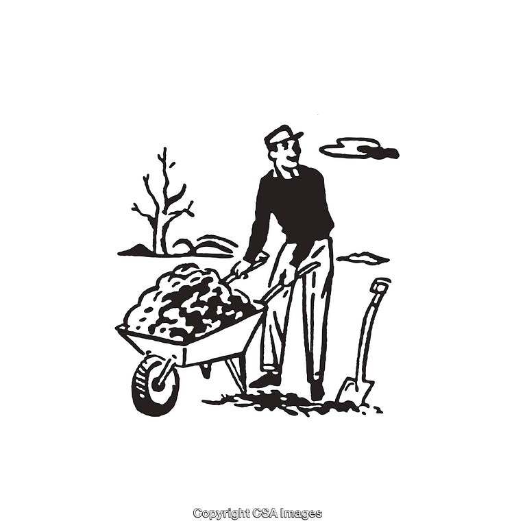 Vintage Style Black and White Illustration of a Worker With a Wheelbarrow