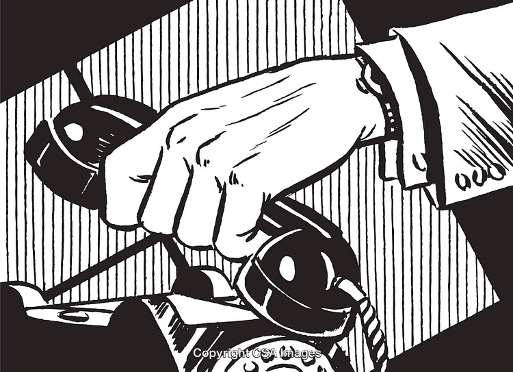 Monochrome Illustration of Hand Holding Telephone Receiver in Retro Style