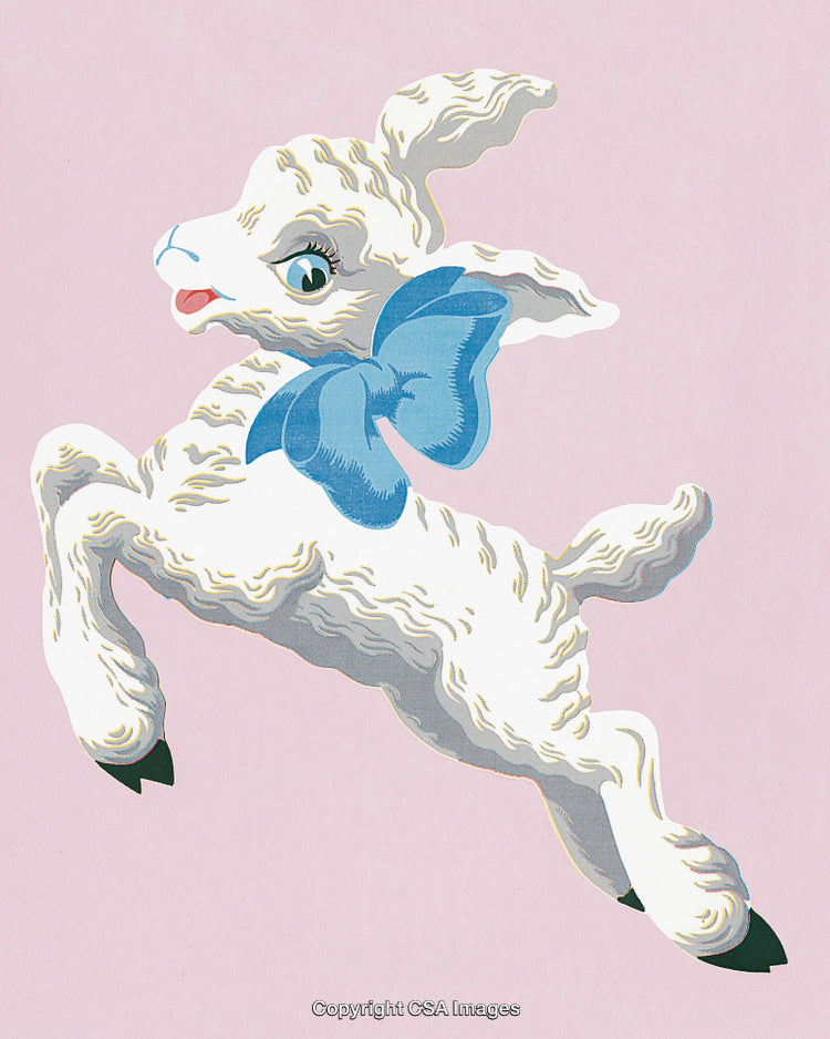 Cute Lamb Illustration with Blue Bow on Pink Background