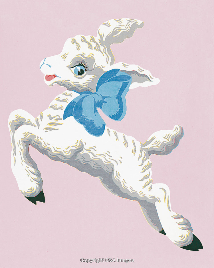 Cute Lamb Illustration with Blue Bow on Pink Background