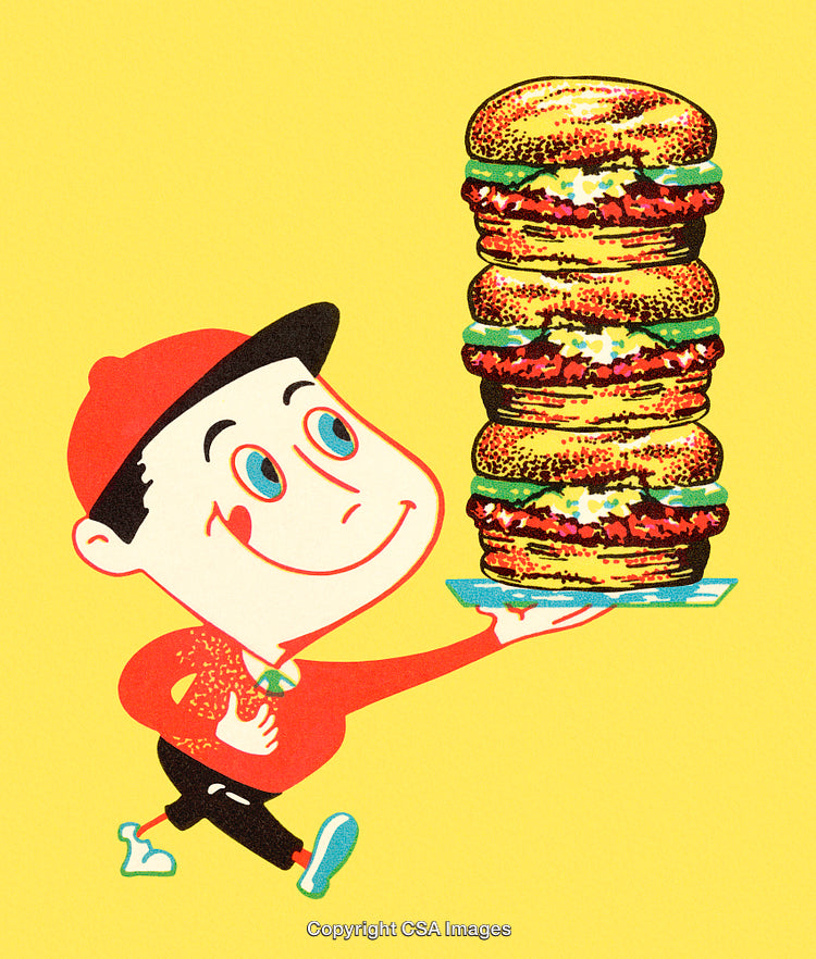 Illustration of Character Holding a Stack of Burgers on Yellow Background