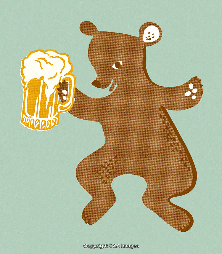 Illustration of Bear Enjoying Beer Mug on Light Green Background