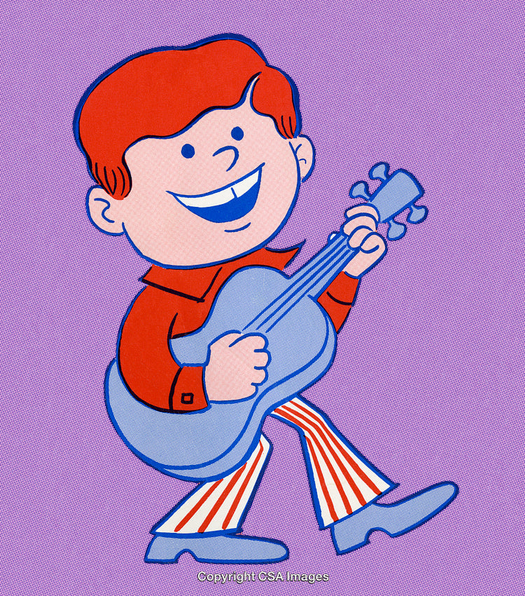 Cartoon Illustration of a Cheerful Boy Playing a Guitar in Retro Style