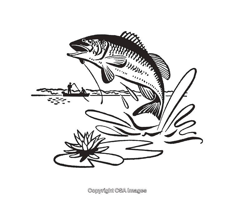 Black and White Line Art of Fishing Scene with Jumping Fish and Landscape