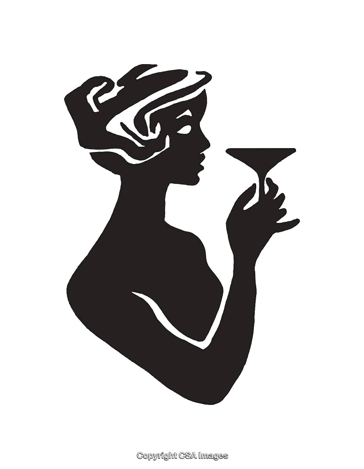 Elegant Woman Silhouette Holding a Cocktail Glass in Black and White Art