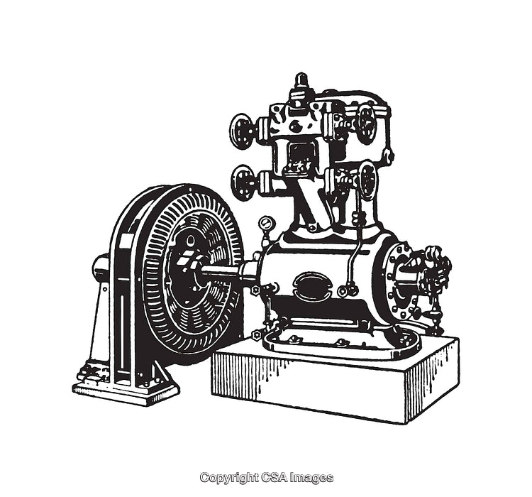 Vintage Black and White Line Art Illustration of an Early Industrial Machine