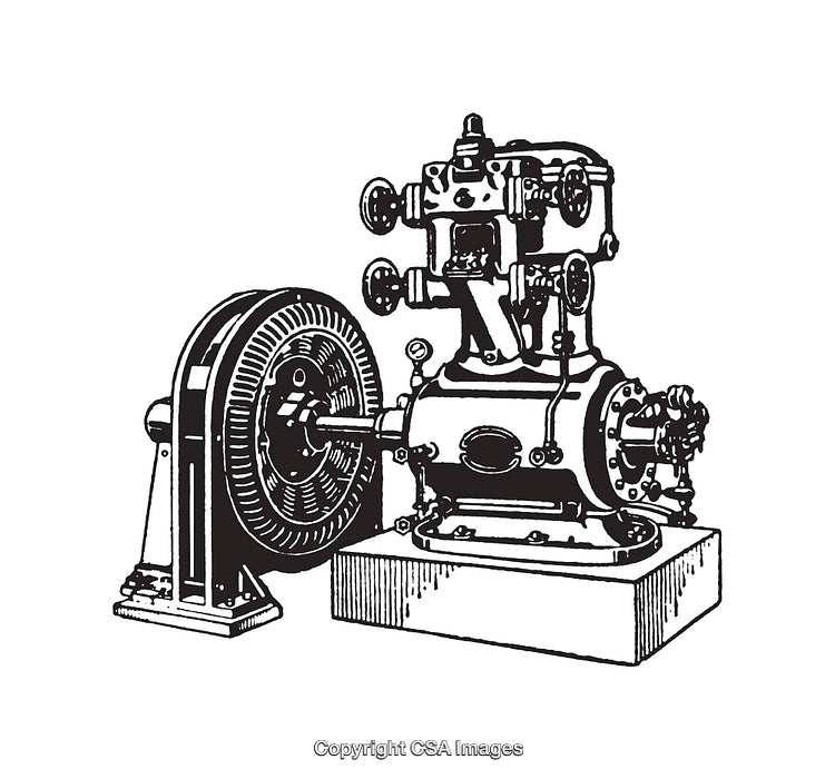 Vintage Black and White Line Art Illustration of an Early Industrial Machine