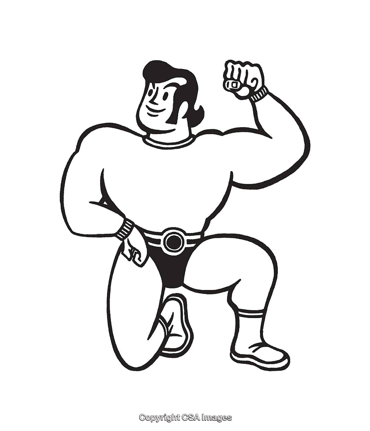 Black and White Line Art Illustration of a Strong Cartoon Man Flexing