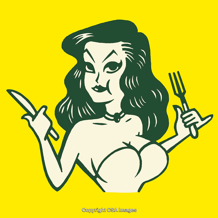 Retro Pin-Up Style Woman Holding Utensils in Vintage Line Art Style