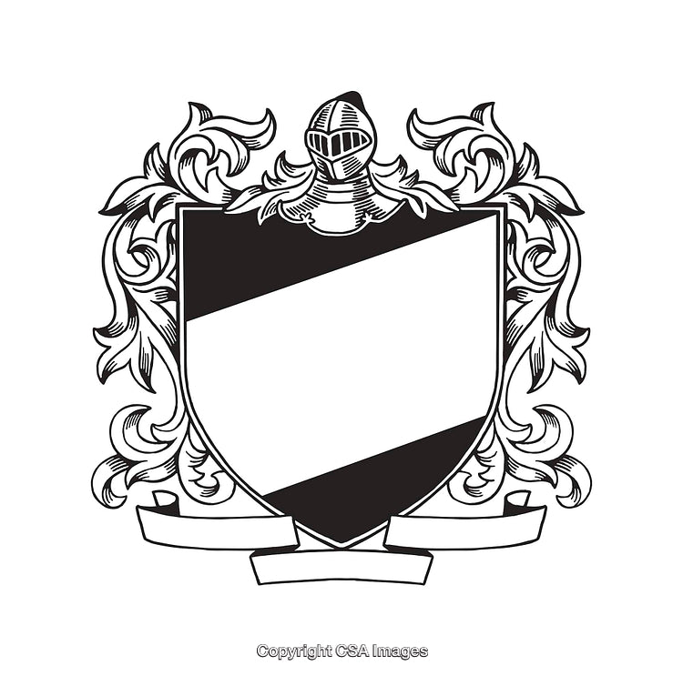 Intricate Heraldic Crest with Knight Helmet in Black and White Line Art