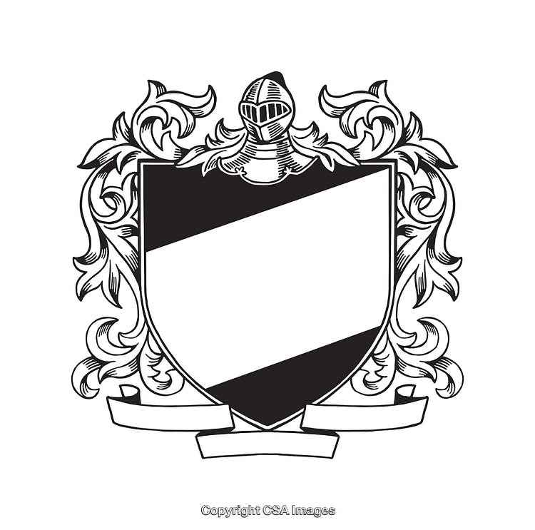 Intricate Heraldic Crest with Knight Helmet in Black and White Line Art