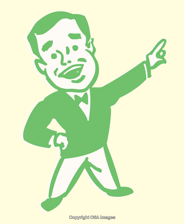 Retro Styled Illustration of a Smiling Man Pointing Forward in Green and Yellow