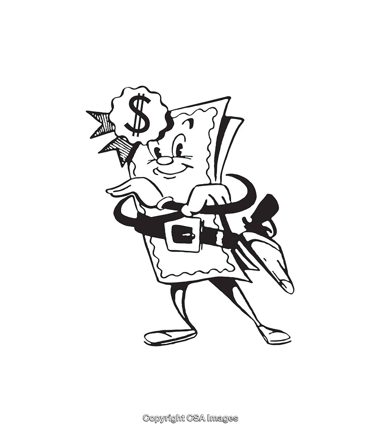 Charming Cartoon Money Character in Black and White Line Art Style