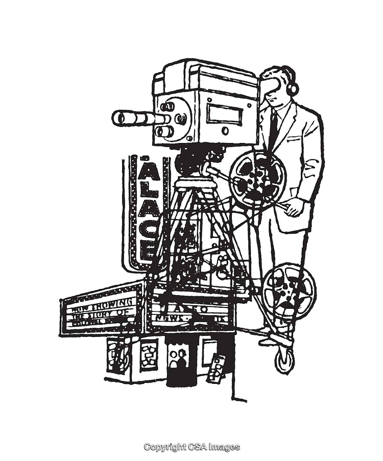 Vintage Line Art Illustration of a Camera and Theater