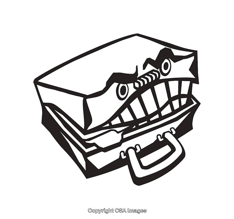 Black and White Line Art Illustration of a Characterized Fierce Briefcase