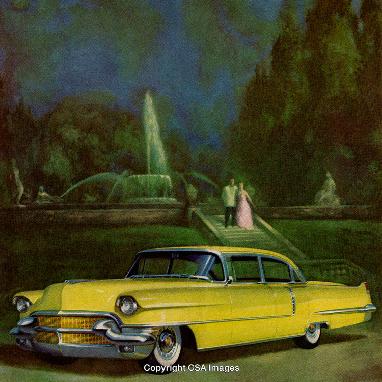 Vintage Yellow Sedan Displayed in an Elegant Evening Garden Scene