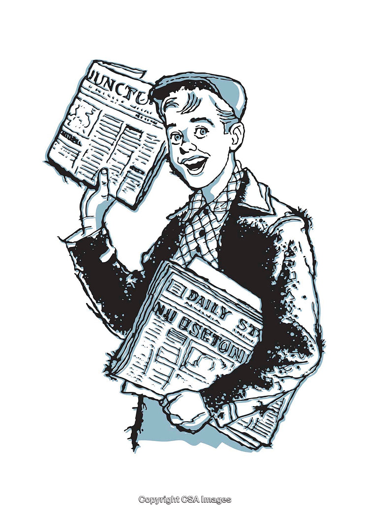 Retro Illustration of a Cheerful Newspaper Boy Holding Papers