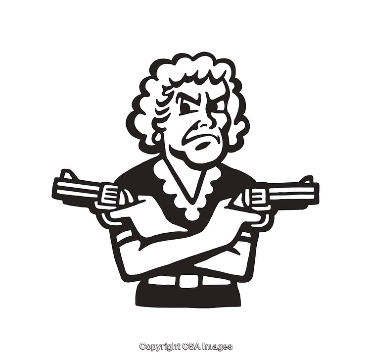 Black and White Line Art of a Woman Holding Guns With Determined Expression