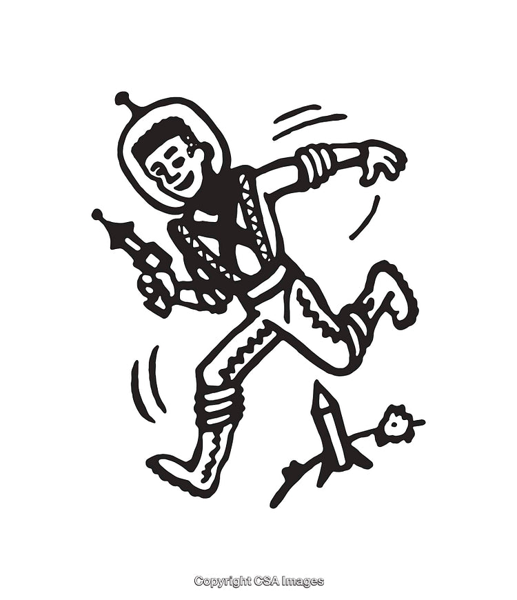 Vintage Black and White Line Art of Astronaut with Ray Gun
