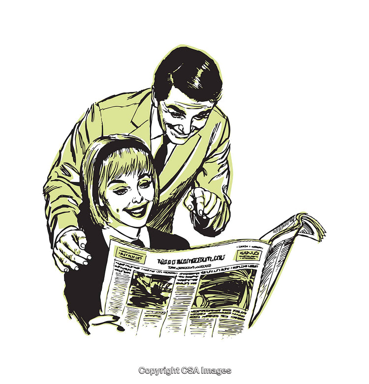 Retro Illustration of a Father and Daughter Reading a Newspaper Together