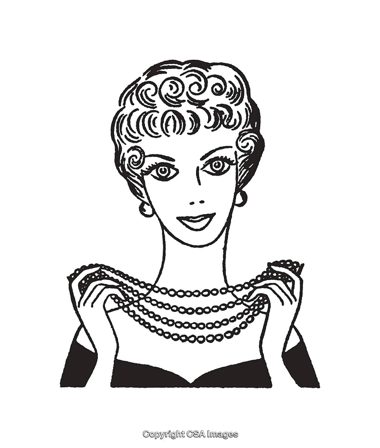 Elegant Vintage Line Art Woman Holding Pearl Necklaces in Black and White