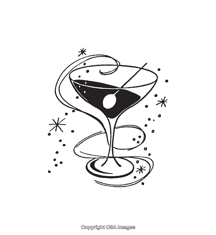 Elegant Martini Glass Line Art with Olive and Sparkle Details
