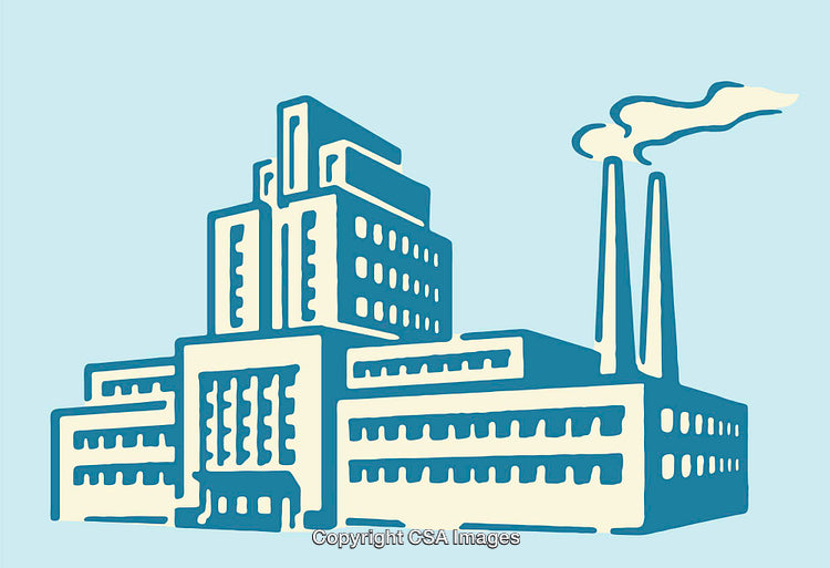 Industrial Factory Illustration Featuring Smokestacks and Building Details