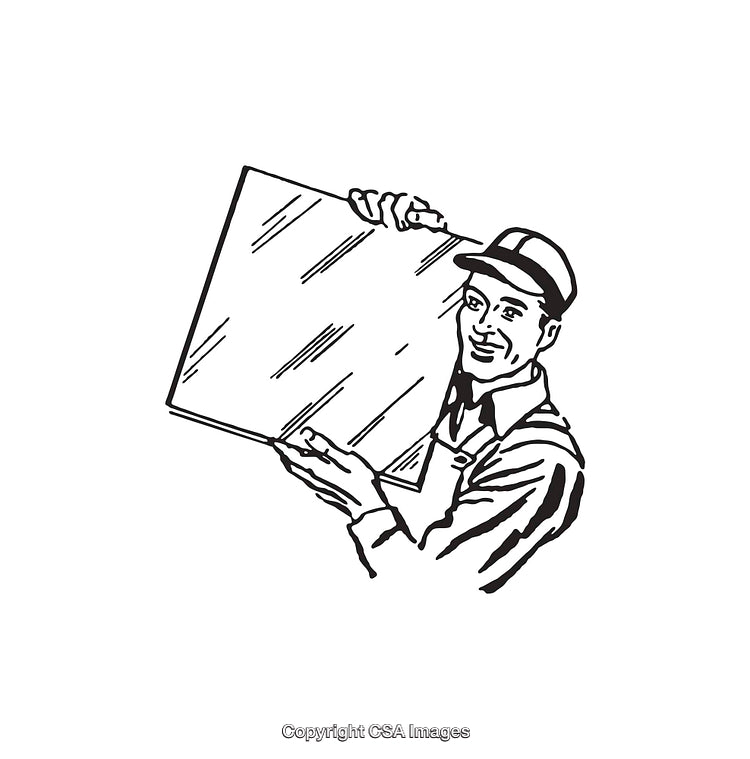 Black and White Line Art of a Worker Holding a Large Glass Panel