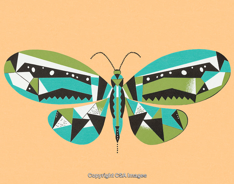 Abstract Butterfly Illustration with Geometric Patterns and Vibrant Colors on Peach Background