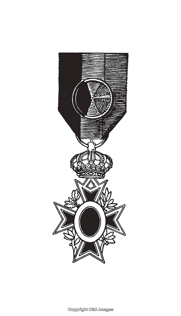 Monochrome Line Art of a Medal With Cross and Crown Design