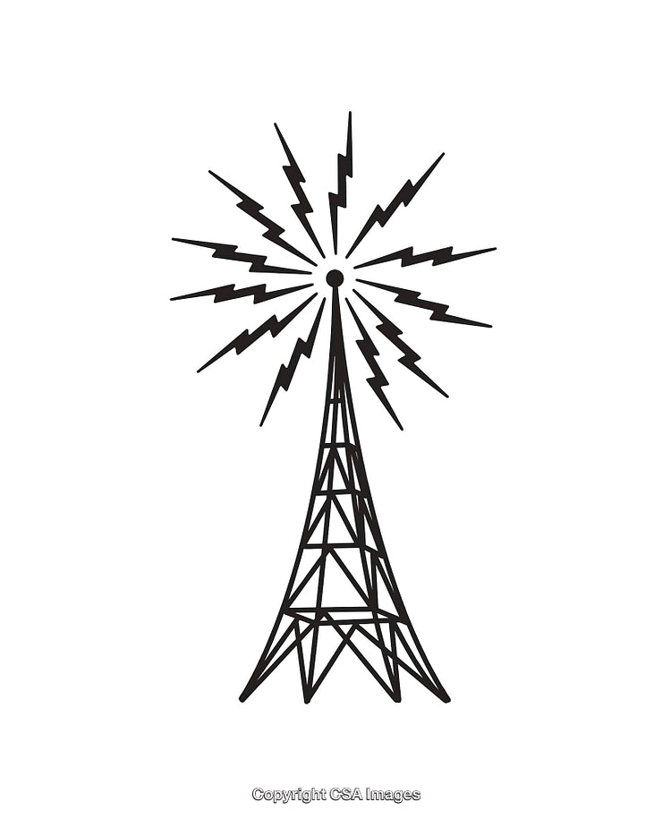 Black and White Line Art of Radio Tower with Signal Waves