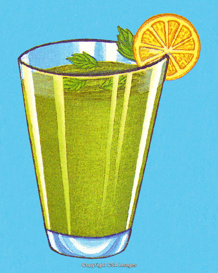 Refreshing Green Smoothie With Lemon Garnish on Blue Background