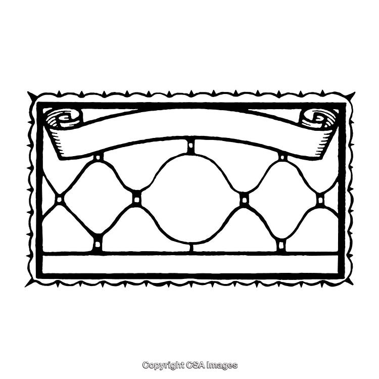 Vintage Black and White Border Illustration with Scroll and Geometric Patterns