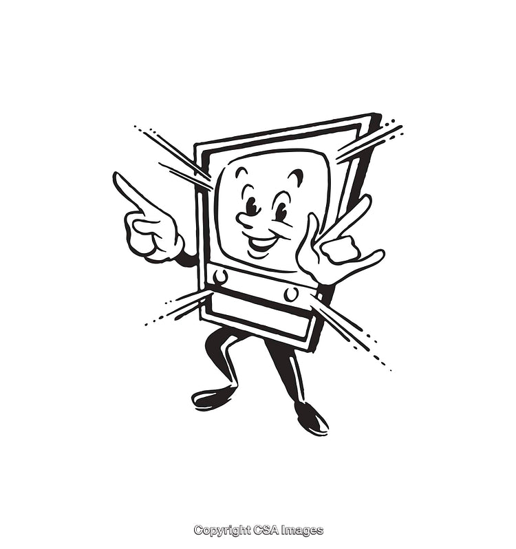 Cheerful Cartoon Television Character in Black and White Line Art Illustration